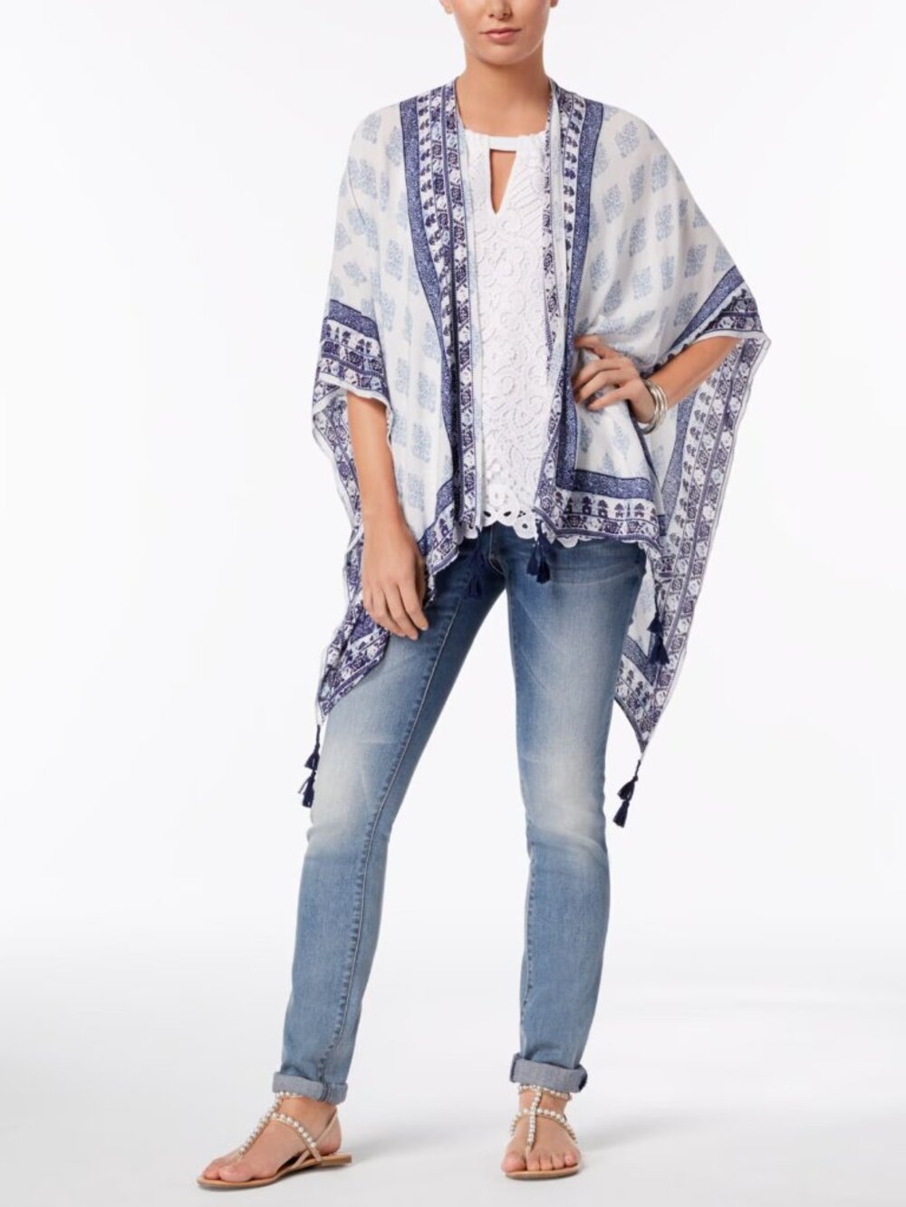 INC International Concepts Womens Medallion Print Tassel Cape